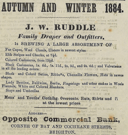 Advertisement for Ruddles Drapery, Brighton Southern Cross, 4 October 1884
