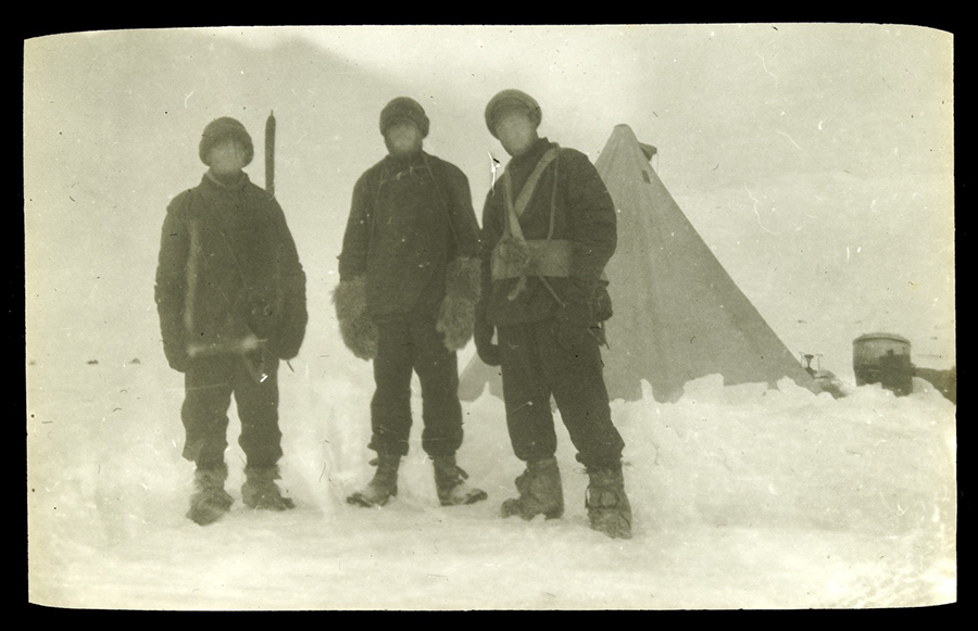 Expedition members from the Aurora, including Keith Jack (left) and Lionel Hooke (right), c. 1914-17. Glass lantern slide. State Library Victoria.