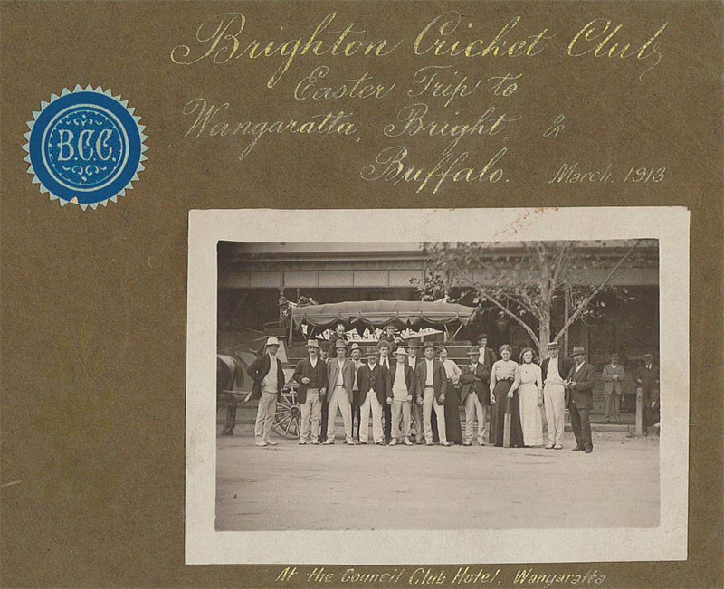 Photo album, "Brighton Cricket Club Easter Trip to Wangaratta, Bright and Buffalo", 1913. Brighton Historical Society collection.