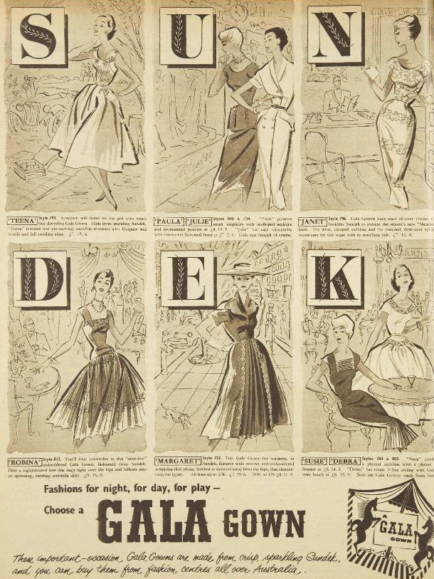 Advertisement for Gala's line of Sundek dresses, Australian Women's Weekly, 24 August 1955. Courtesy Trove.