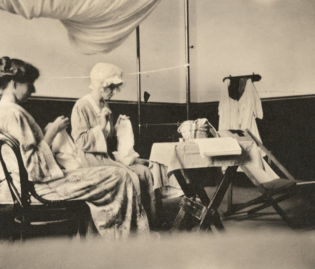 Nurse Mary Mackenzie Finlay and Marjorie Yuille sewing in Marjorie’s room.