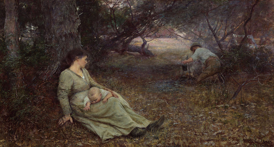 Frederick McCubbin, 'On the Wallaby Track', 1896. Art Gallery NSW. Painted in the Brighton garden with Annie, their baby son, and Annie's younger brother Michael Moriarty as models.
