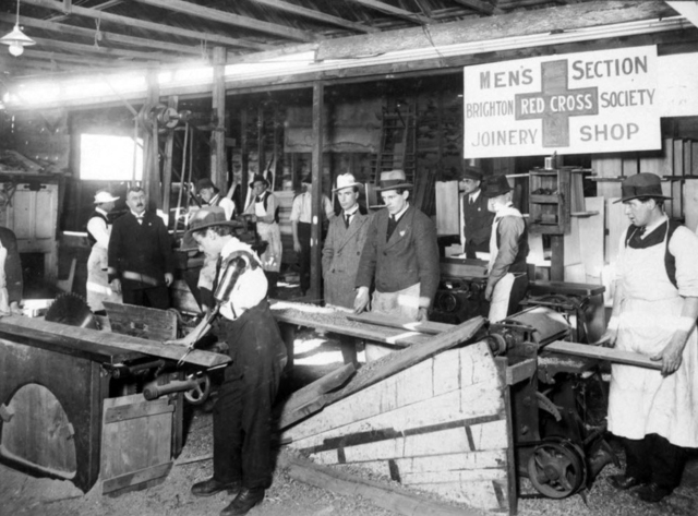Trainees at work in the Brighton Red Cross joinery shop, August 1919. Australian War Memorial, H12884.