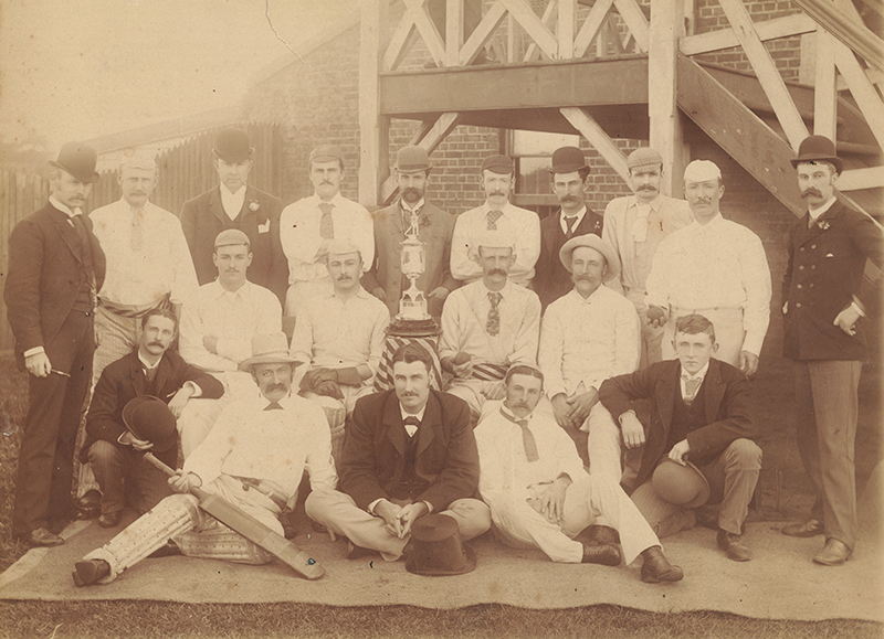 Brighton Cricket Club team of 1891-92 with championship trophy. Brighton Historical Society collection.