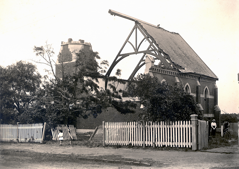 Damage to the Hawthorn Road Methodist Church after the 1918 cyclone