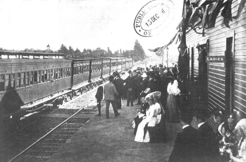 Crowds watch the first train stop at Gardenvale Station, 4 December 1906. Source: Melbourne Punch, 13 December 1906, via Trove.